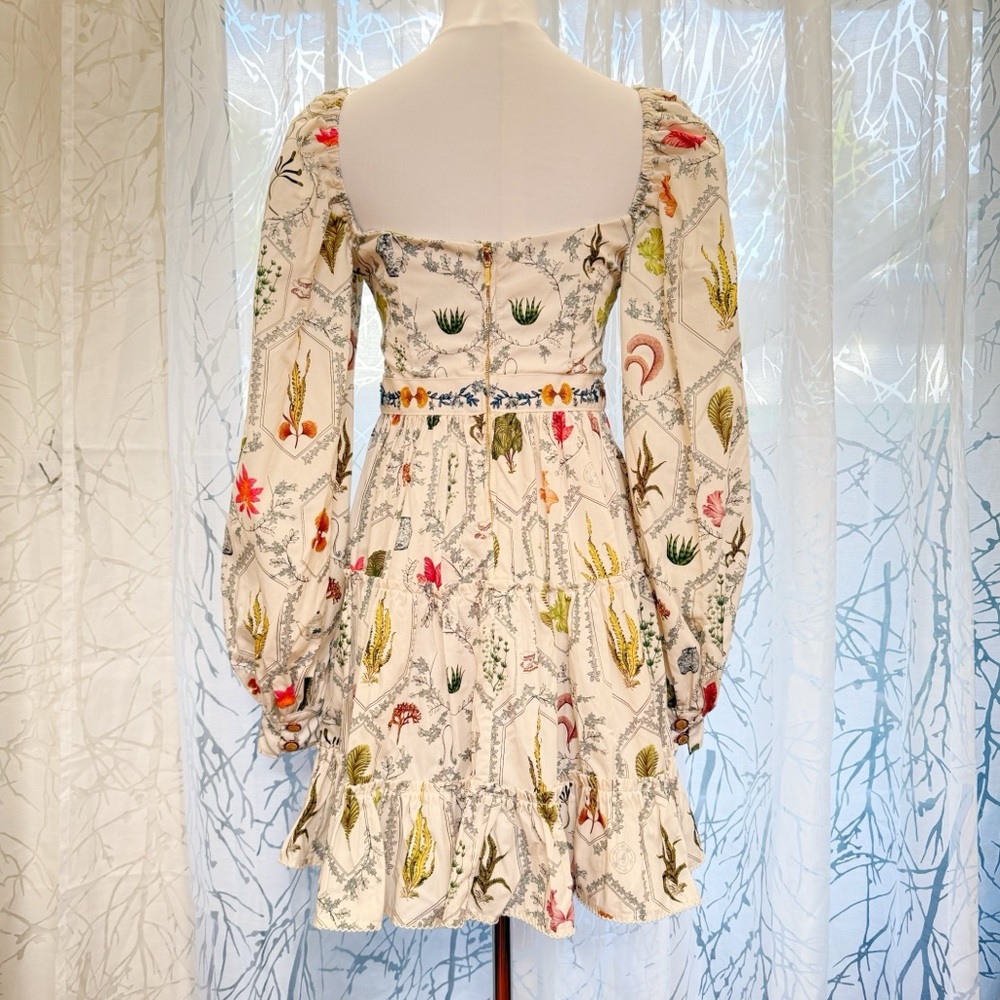 AGUA BY AGUA BENDITA HONOR ENCAJE WHITE LEAF PLANT PRINT LONG SLEEVE MINI DRESS - Picture 3 of 17